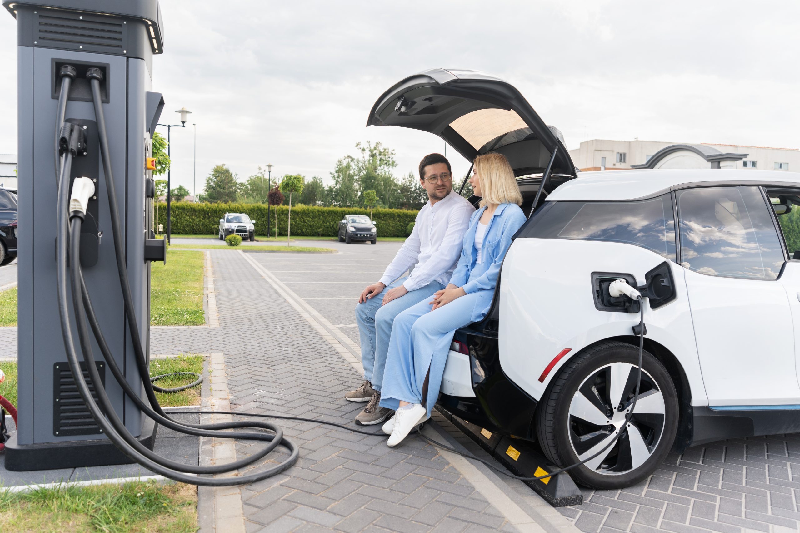 couple relaxing near electric car while charging at station